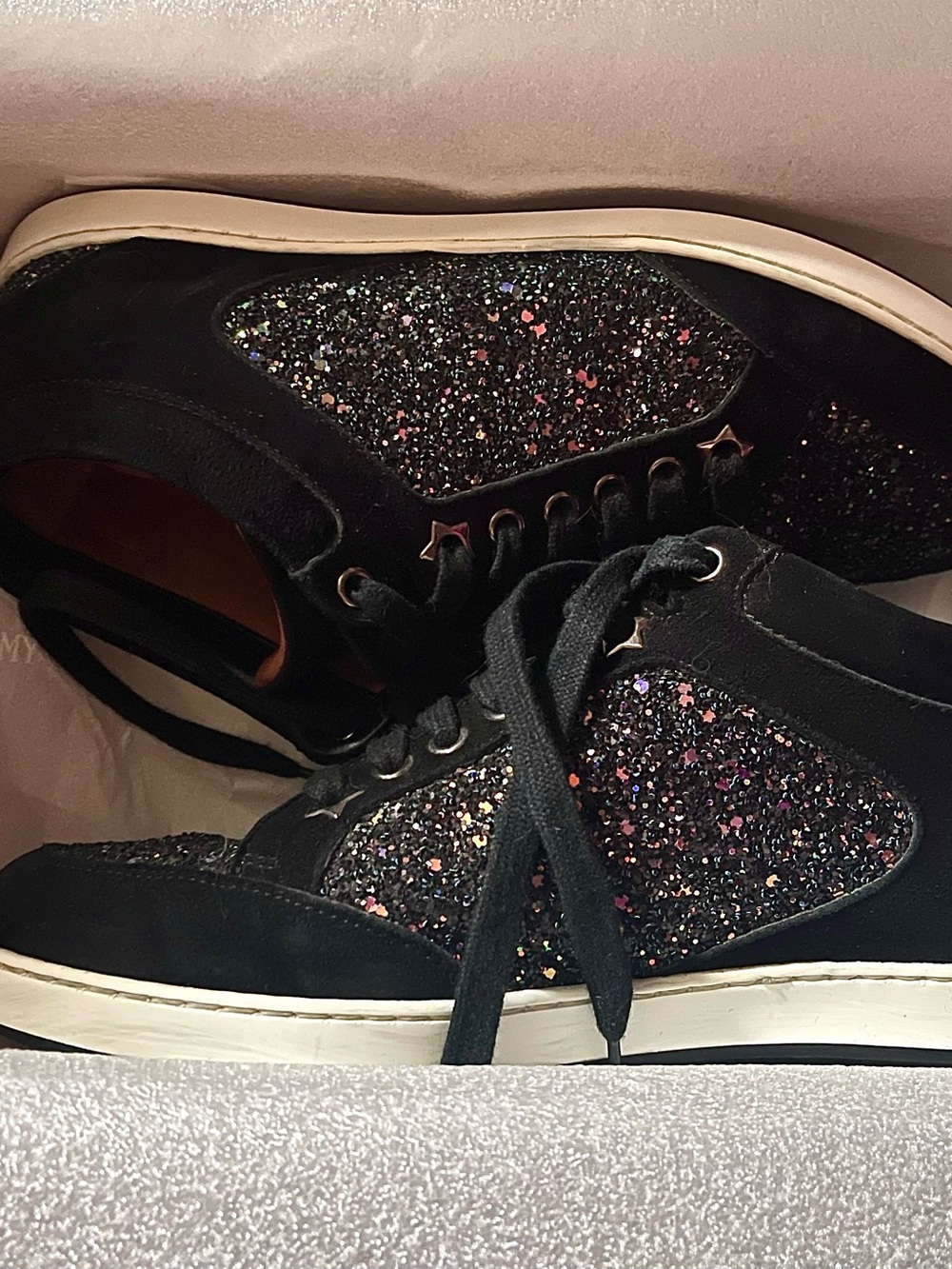 Jimmy Choo Dark Blue Glitter Suede Women's Sneakers in original box